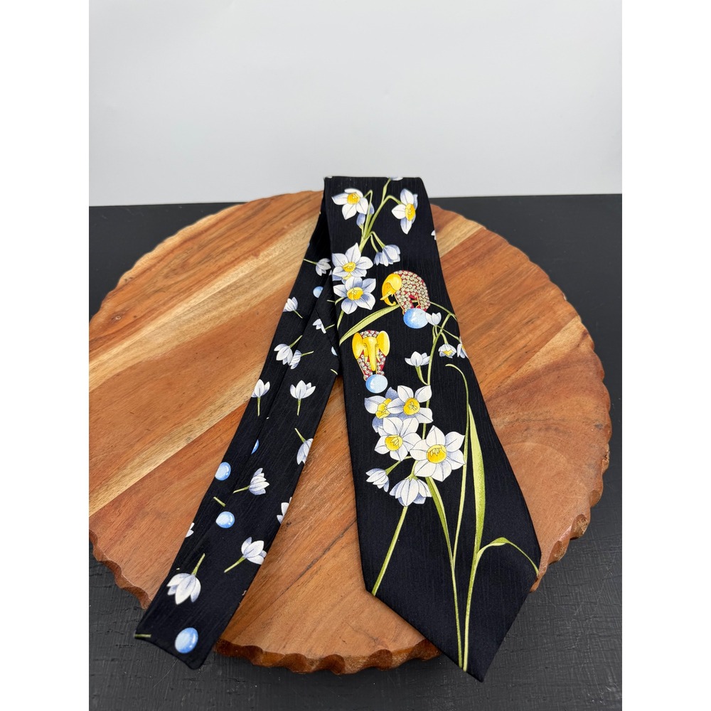 Leonard Paris Elephant Floral Silk Necktie Men 56" Black Italian Designer Tie